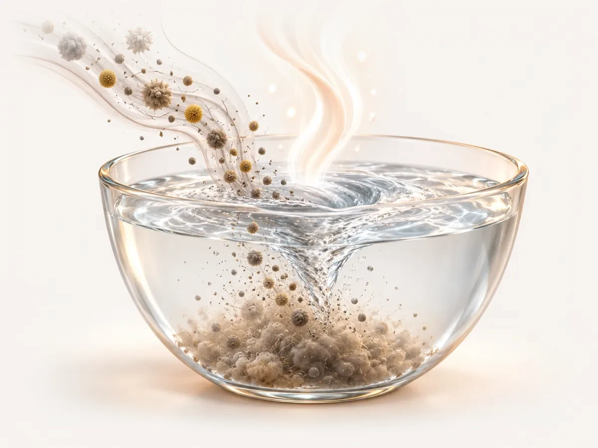 Illustration: Staub, Pollen und Haare werden in einem Wasserstrudel gebunden, saubere Luft steigt auf
